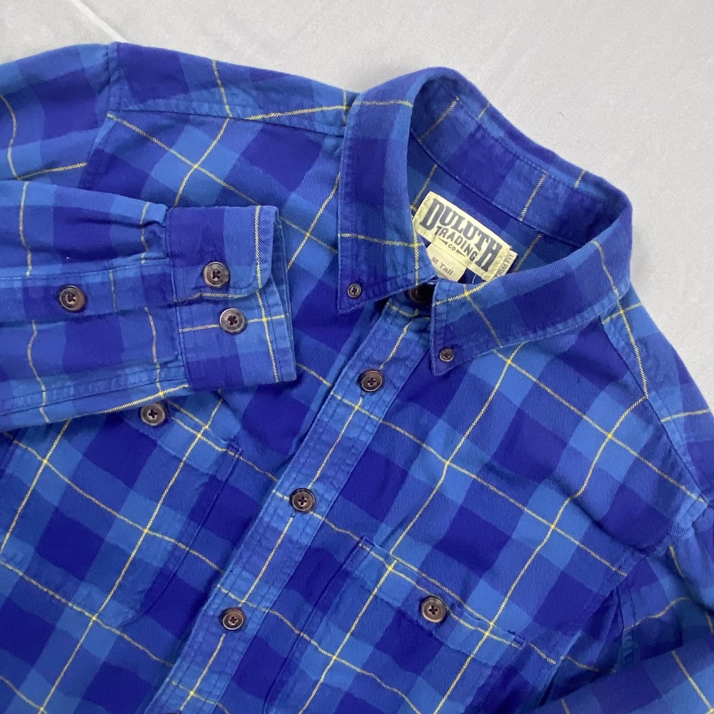 Duluth Trading Co Mens Blue Plaid Flannel Work Shirt Trim Fit Medium Tall Cotton